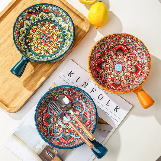 Multicolored ceramic bowls with handles for eco-friendly dining