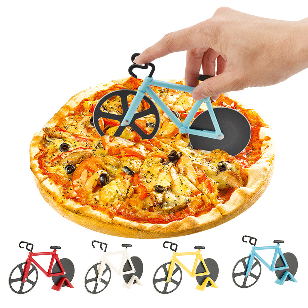 Bicycle Pizza Cutter in red, white, yellow, and blue