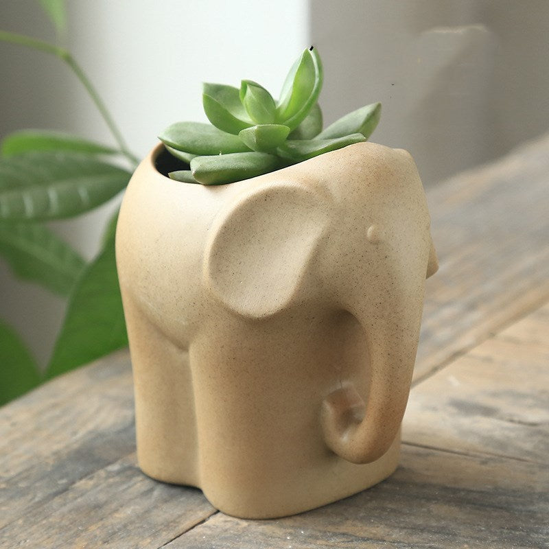 Eco-Friendly Elephant & Cat Succulent Planters - Natural Beige Ceramic