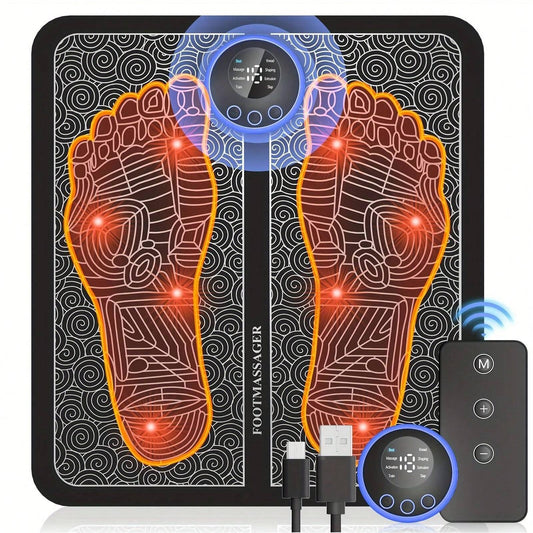 Rechargeable Electronic Foot Massager Pad in Black with Orange and Red Accents