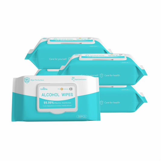Eco-Friendly Alcohol Wipes in Turquoise and White Packaging