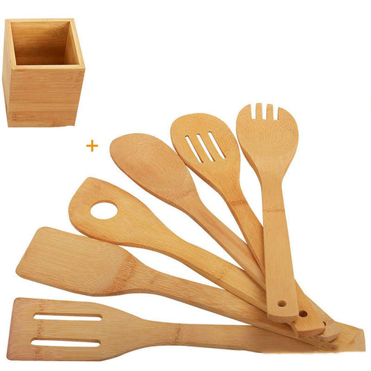 Bamboo kitchen utensil set with holder