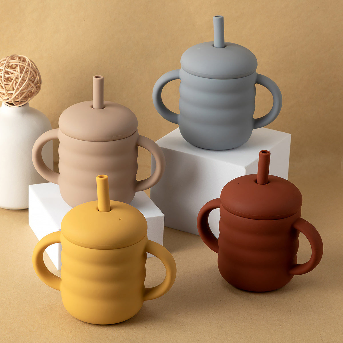 Eco-Friendly Silicone Sippy Cups for Toddlers in Beige, Blue, Yellow, Brown