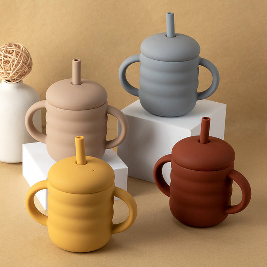 Eco-Friendly Silicone Sippy Cups for Toddlers in Beige, Blue, Yellow, Brown