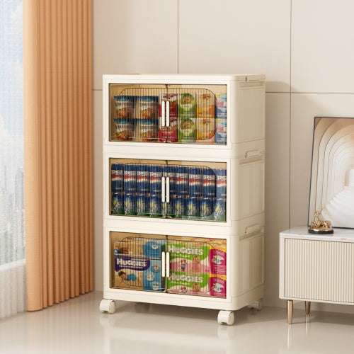 Beige stackable storage cabinet with transparent doors and wheels