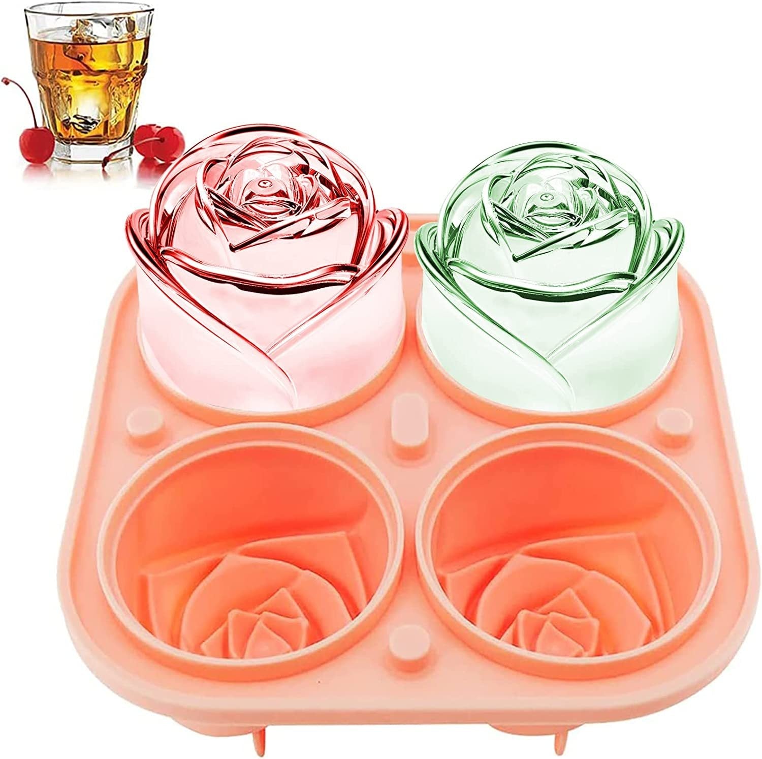 Pink silicone ice cube mold with rose-shaped cavities