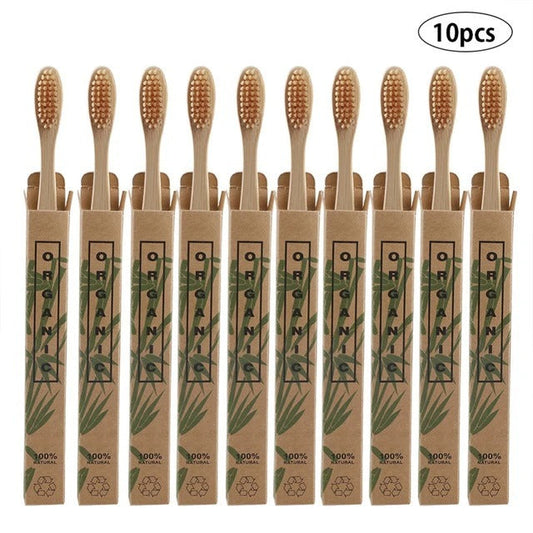 Eco-Friendly Bamboo Toothbrush Set with Natural Wood Color and Beige Bristles