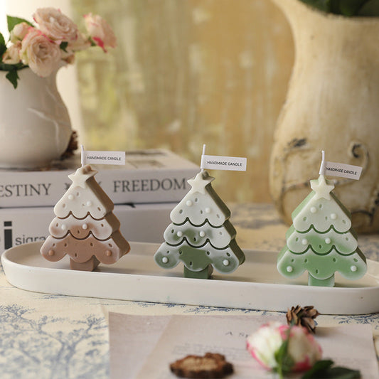 Eco-Friendly Handmade Christmas Tree Candle in Brown, White, and Green