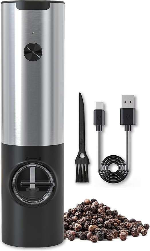 Fitto Electric Salt and Pepper Mill Set, USB Rechargeable, with LED Light, Adjustable Grit Grinder, Stainless Steel, Includes Brush