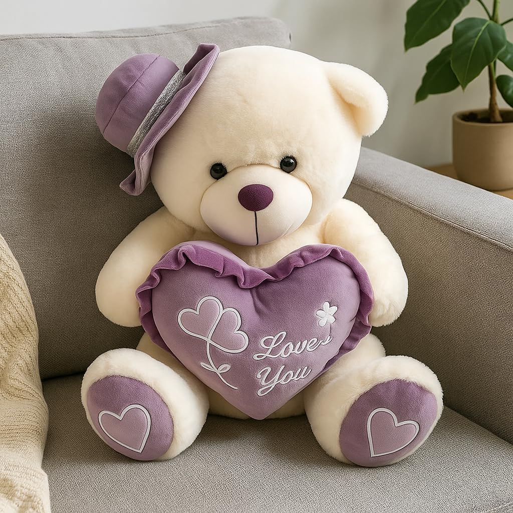 72 Pieces 35 cm White & Purple Teddy Bears with Cap - Plush Stuffed Animal Toy for Kids (Collectible Cuddly Bear)