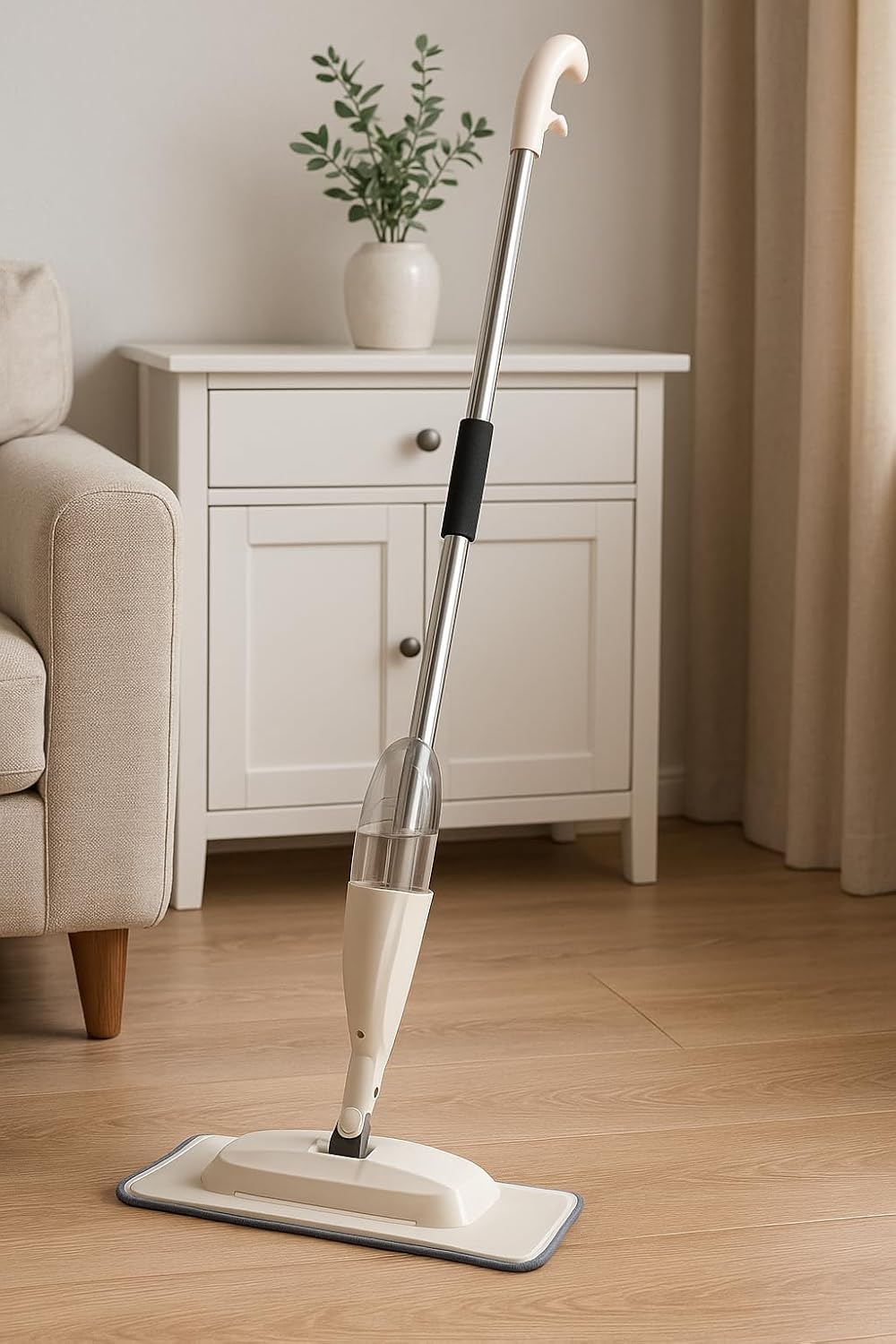 Water Spraying Sweeper Floor Cleaner - 360° Rotating Carbon Fiber Dust Mop, 300ml Refillable Tank, Waxing Mop with Washable Pad for Efficient Home Cleaning