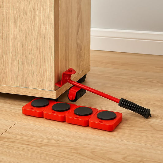 Furniture Gear Shift Lever Elevator - 5-Piece Heavy-Duty Red Moving Tool Set, Labor-Saving Slider for Easy Furniture and Appliance Transport