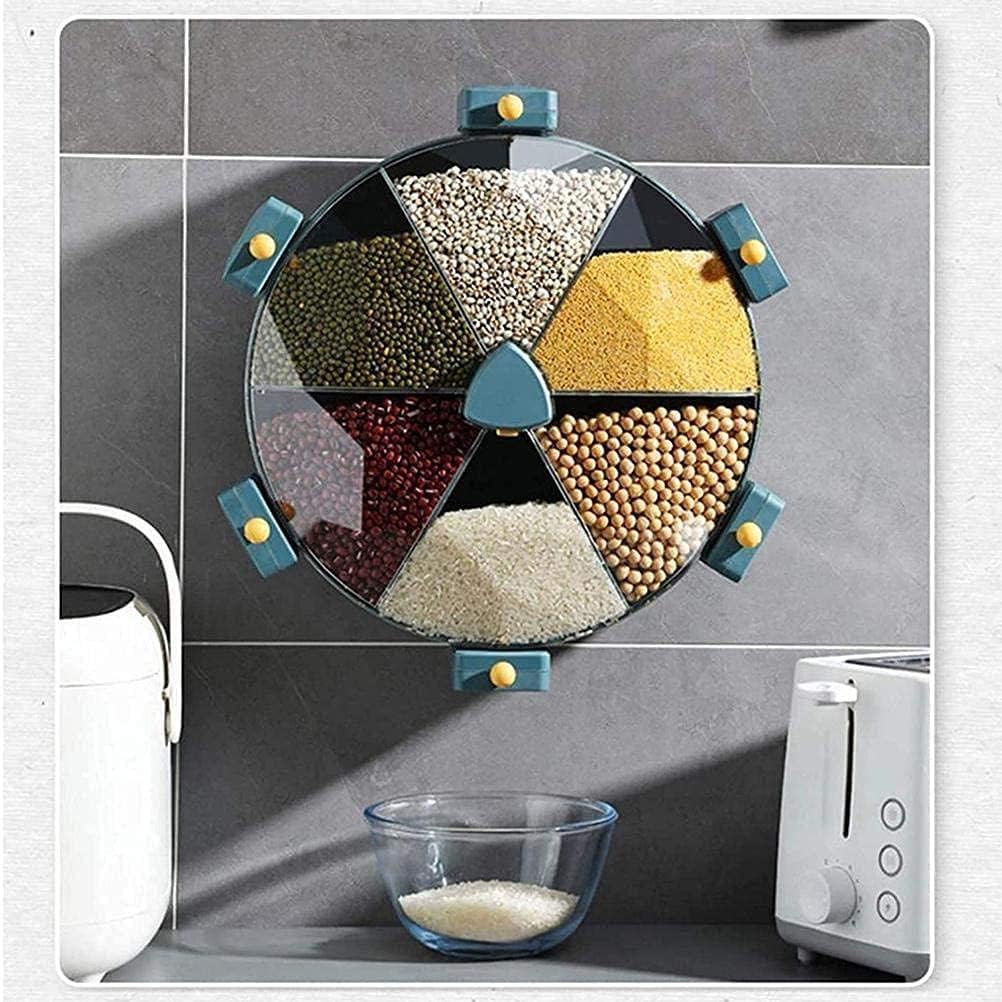 Wall-Mounted Rotatable Grain Dispenser, 6 Compartment Sealed Cereal Container, Space-Saving Dry Food Storage for Kitchen, Blue