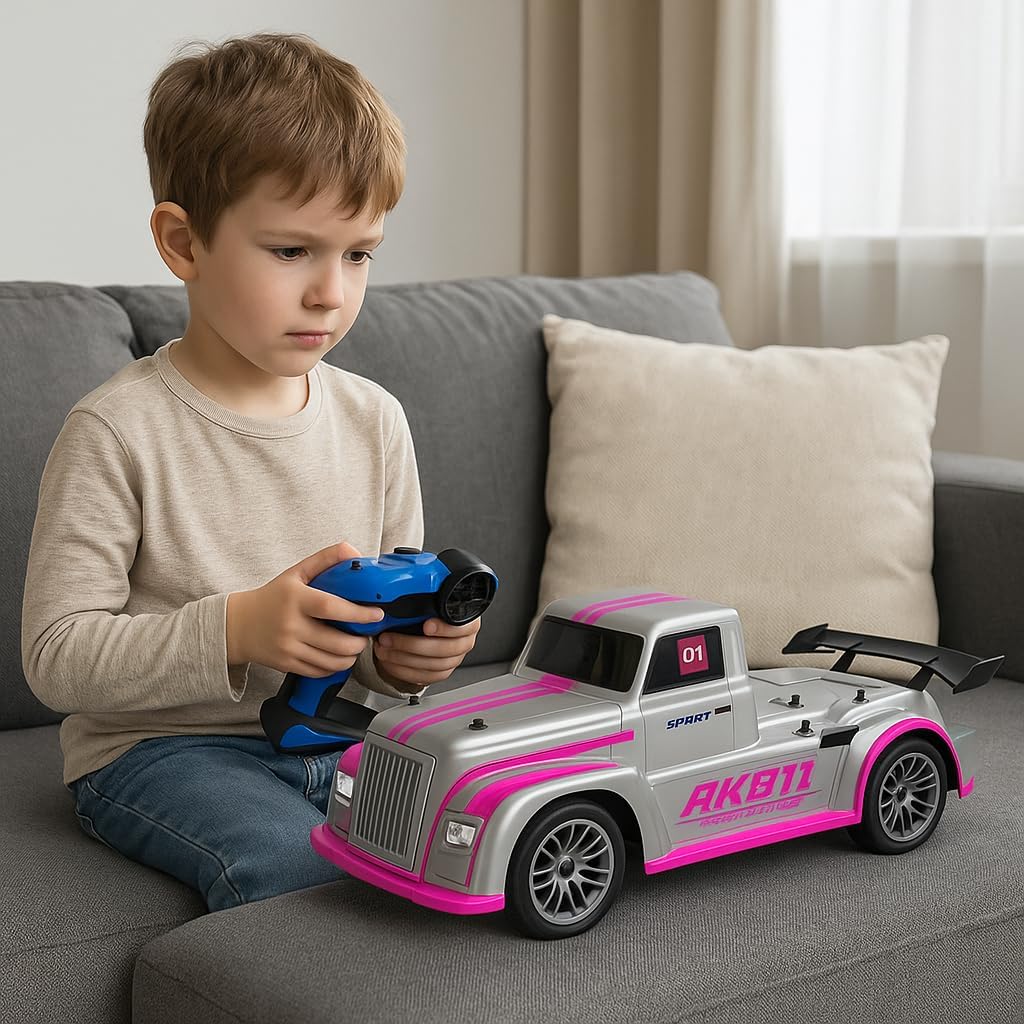 48 Pieces Large Remote Control Truck 1:10s (Full Cover Pink LED Light High Speed Racing Car with Spoilers – Pink)