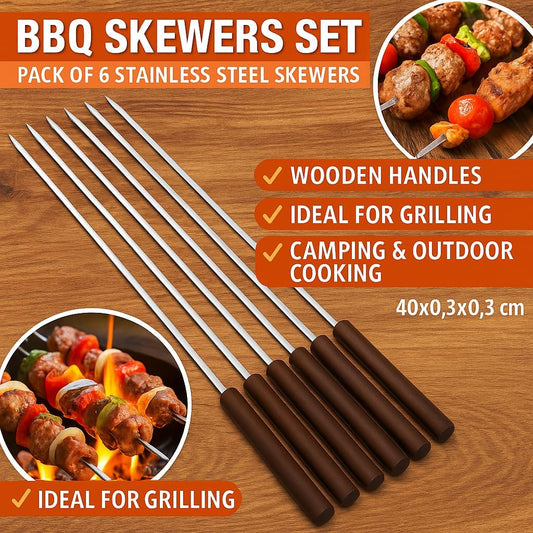 BBQ Skewers Set – Pack of 6 Stainless Steel Skewers with Wooden Handles, Ideal for Grilling, Camping, and Outdoor Cooking, Silver, 40x0.3x0.3 cm