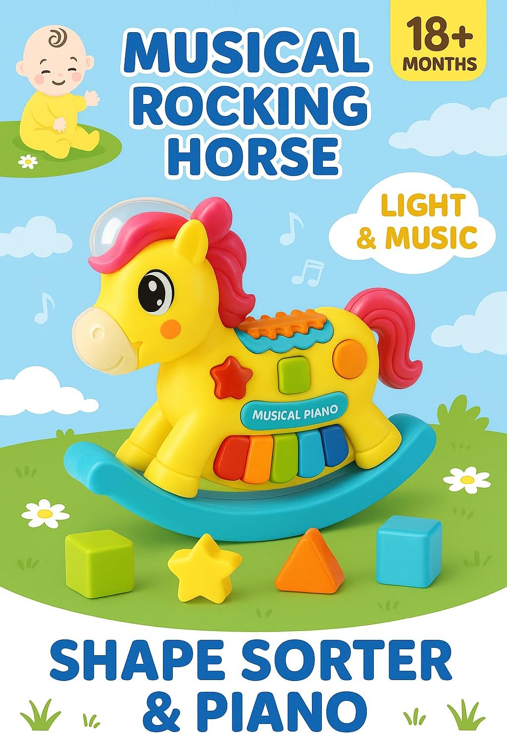 72 Pieces Toddler Multifunctional Musical Toy Shape Sorter Puzzles (Xylophone – Rocking & Pull-Along Horse)