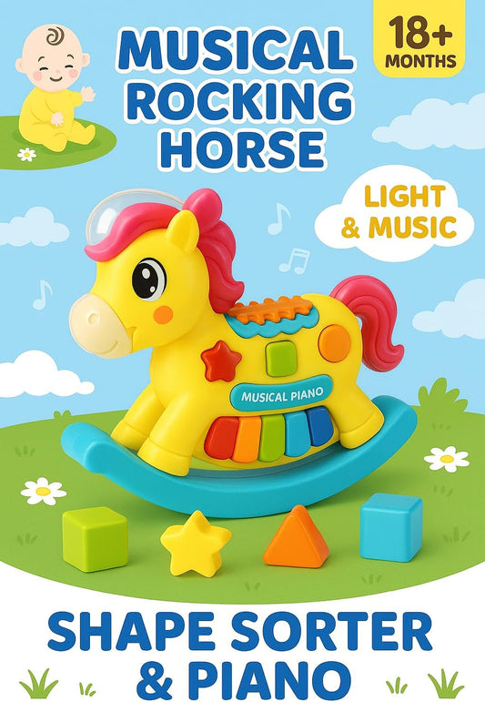 Toddler Multifunctional Musical Toy Shape Sorter Puzzle, Xylophone, Rocking & Pull-Along Horse