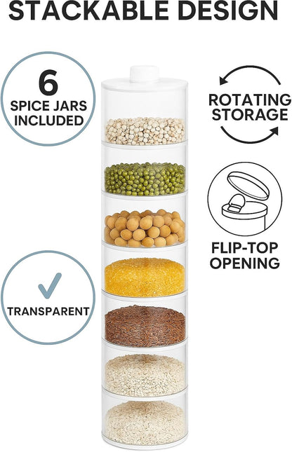 Spice Tower Plastic Transparent 6 pcs Set, Spice Jar Pepper Shaker Box, Transparent Rotating Seasoning Storage Organizer Herb Kitchen Rack, Condiment Bottles for Home and Kitchen