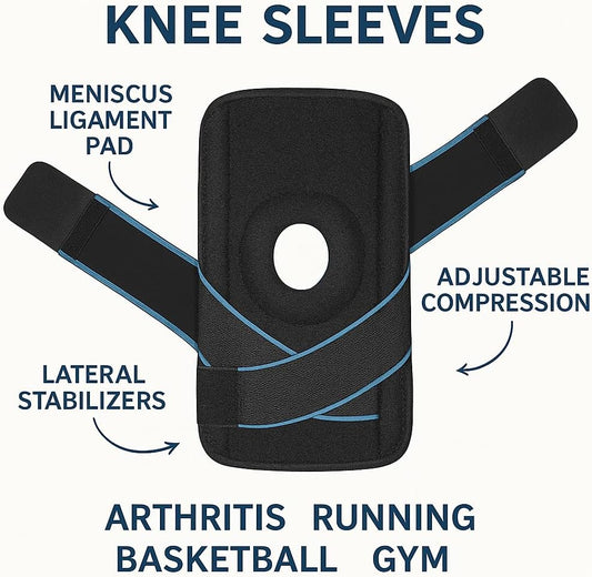 Knee Sleeves, Meniscus Ligament Pads, Lateral Stabilizers, Adjustable Compression, Arthritis Running Basketball Gym, Blue