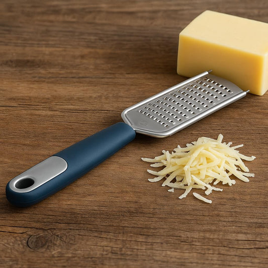 Cheese Grater with Grey Plastic Handle - Large Razor Sharp Stainless Steel Blades for Grating Cheeses, Shredding Cabbage, and Zesting Citrus Fruits with Comfortable Non-Slip Grip
