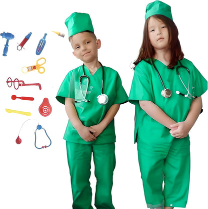 Surgeon & Doctor Green Scrubs Costume Set - Complete Outfit with Hat, Top, Pants, and Glasses - Perfect for Halloween, Cosplay, and Dress-Up