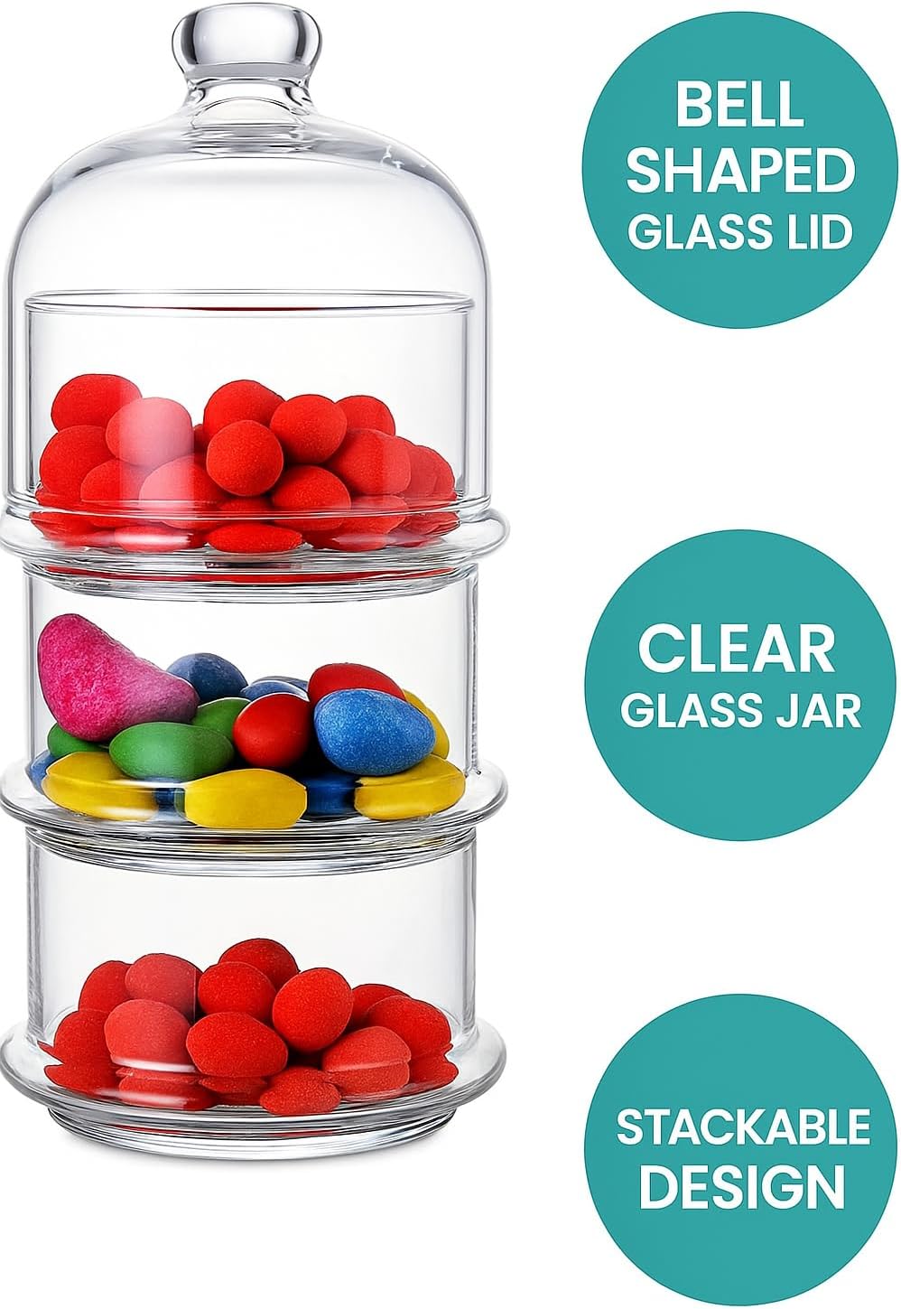 96 Pieces 3-tier Glass Stackable Jar - Clear Apothecary Jars with Lid - Storage Container for Food (Candy – Biscuit – Cookie – Kitchen and Bathroom Organizer – Glass Pantry Jars)