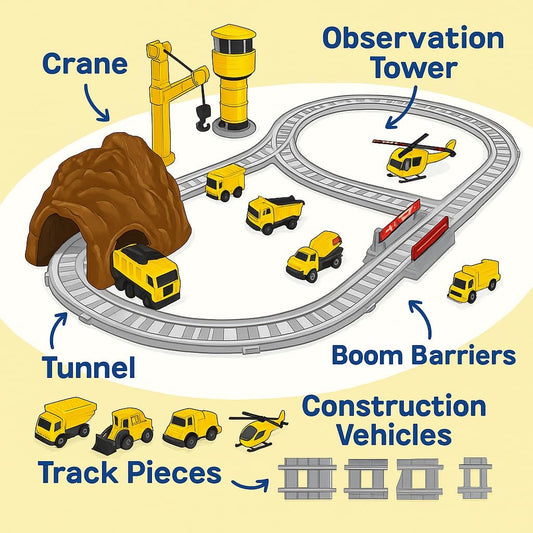 Kids Train Toy Playset - Bright Yellow Construction Train with Service Vehicles, Tracks, and Crane - Perfect for Imaginative Play and STEM Learning