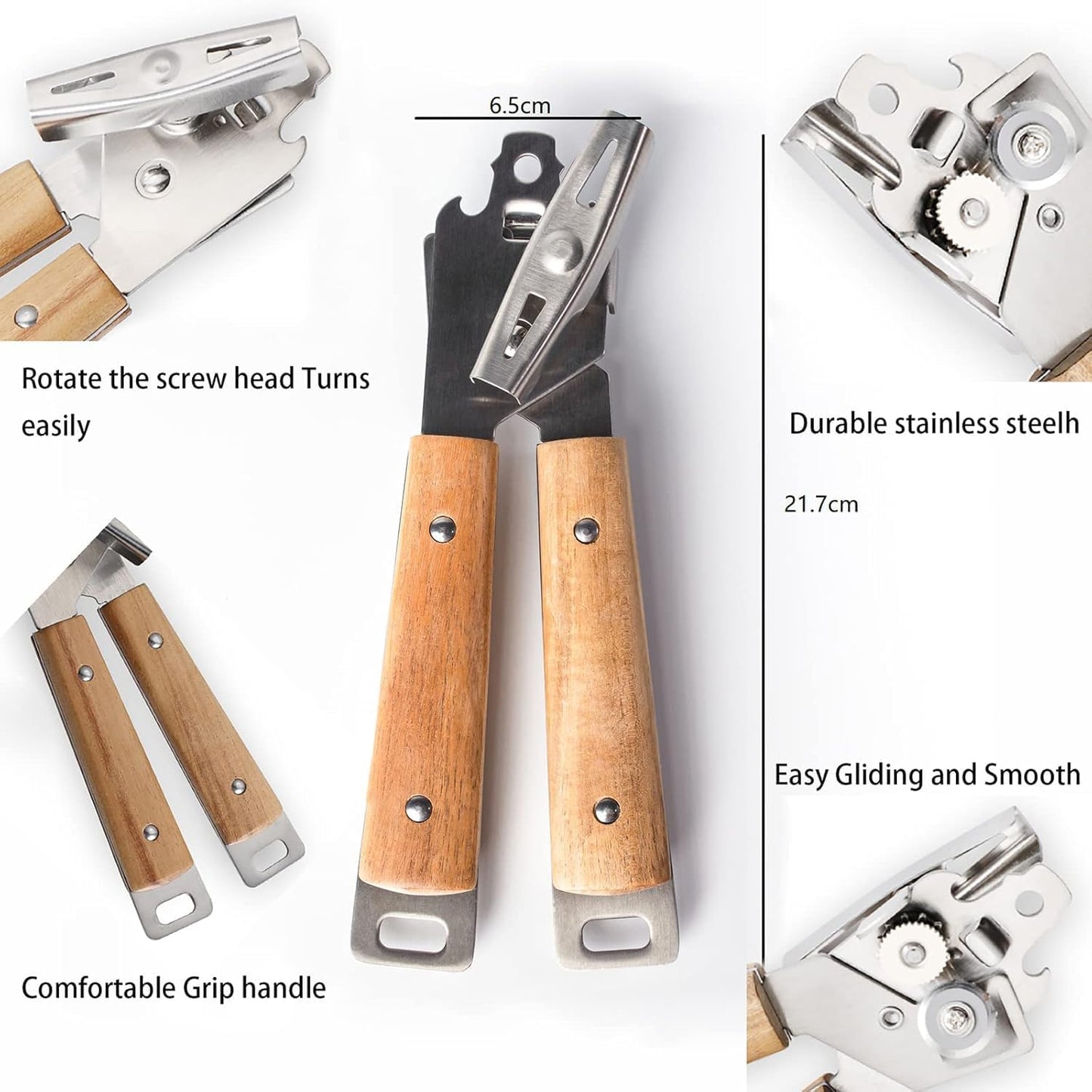 Stainless Steel Manual Can Opener with Acacia Wooden Handle, Durable and Stylish Design for Effortless Opening