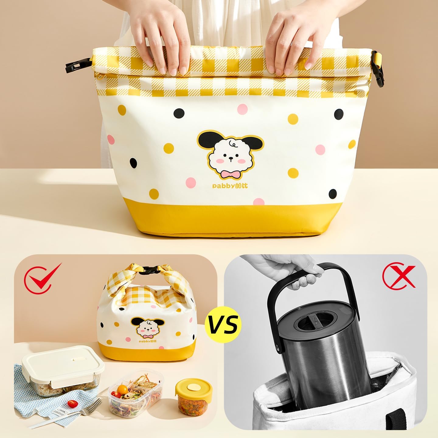 96 Pieces 10L Insulated Waterproof Rice Bags (Curly Fur Dog Design – Yellow Grid – Large Size – Lightweight & Durable)