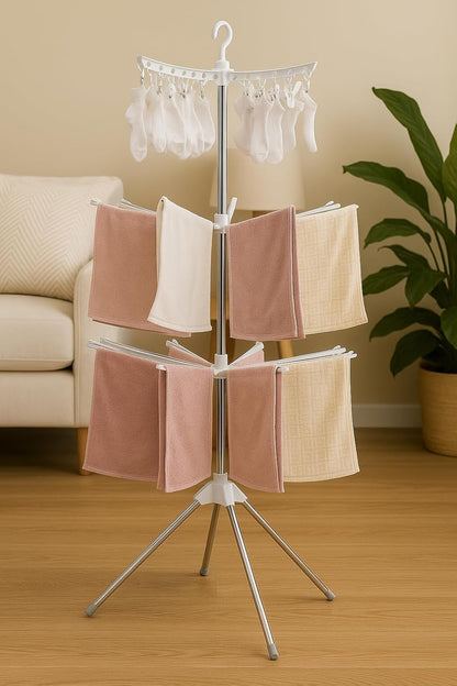 3-Tier Rotating Clothes and Towel Organizer Dry Rack, Indoor/Outdoor Laundry Dryer, Space-Saving, Adjustable, Durable for Patio and Home Use