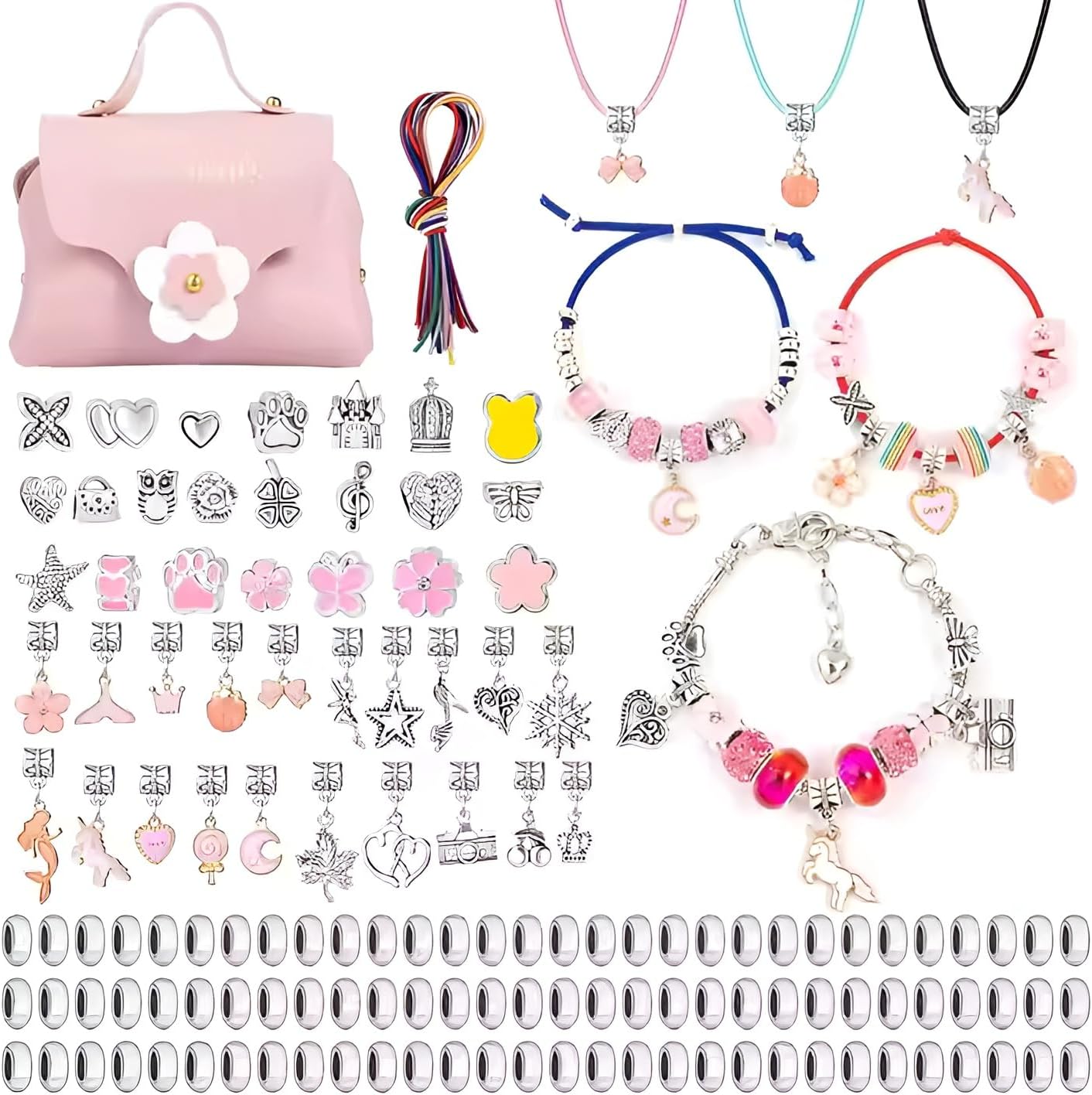72 Pieces 130-Piece Bracelet and Pendant Making Kits with Premium Metal & Glass Pendants (Includes Pink Storage Bag)