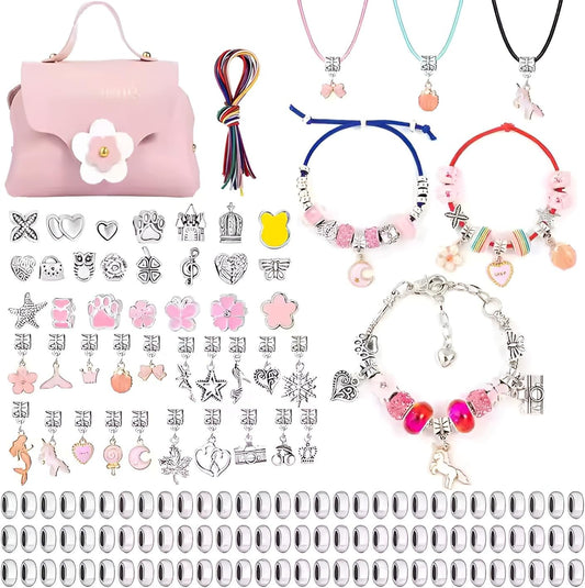 130-Piece Bracelet and Pendant Making Kit with Premium Metal & Glass Pendants, Includes Pink Storage Bag