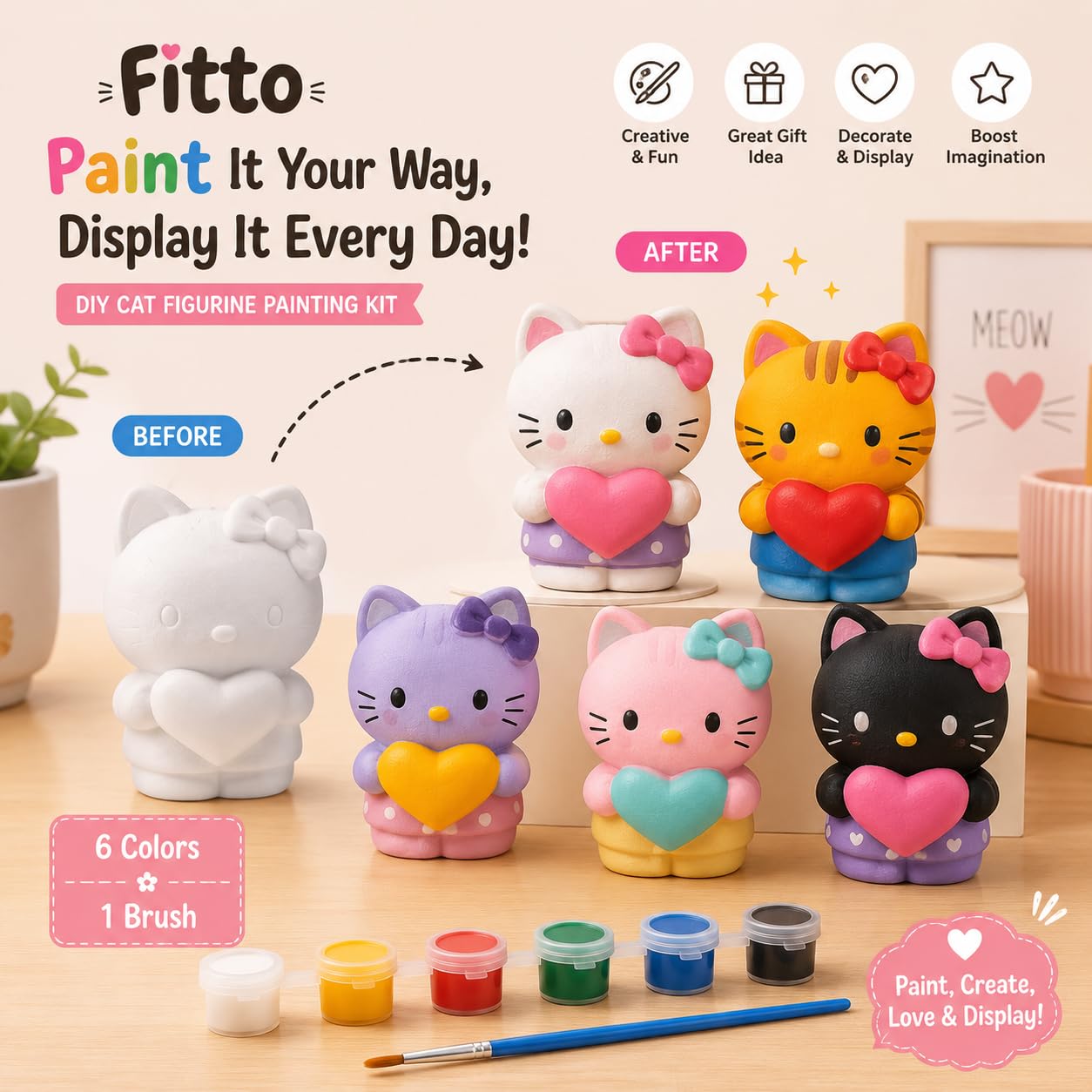 96 Pieces DIY Cat Figurine Painting Kits with White Paintable Model (6 Paint Pots and Brush – Assorted Colors)