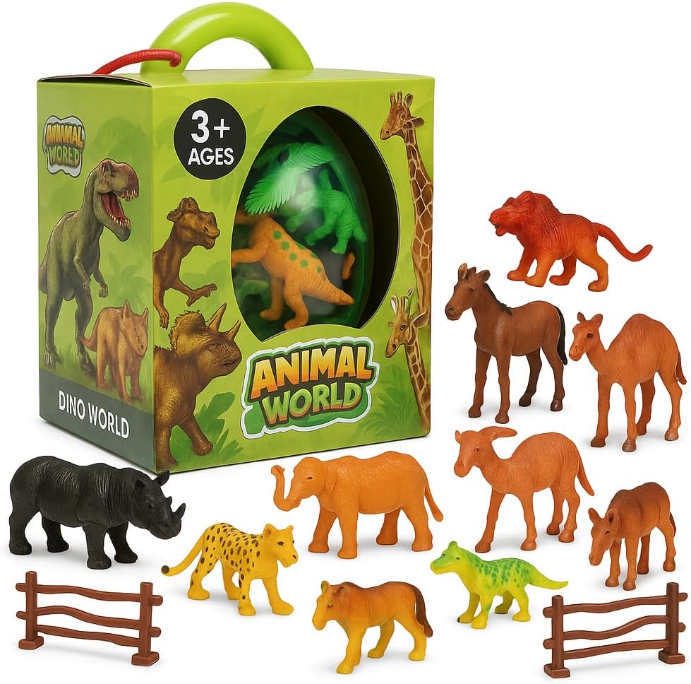 Premium Plastic Animal Toy Set - Includes Hippo, Giraffe, Camel, Horse, Tiger, Lion, Elephant & More - Educational & Fun Wildlife Figures for Kids