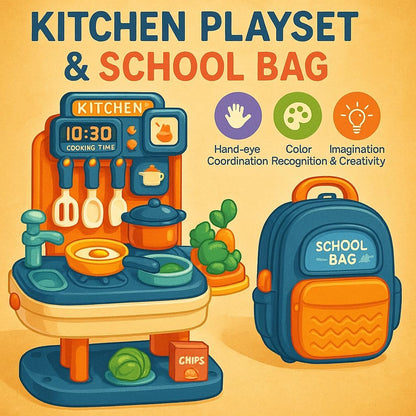 Kitchen Toy Kitchen Backpack Playset For Kids, Portable Kids Mini Play Kitchen With Cooking Utensils, Pots, Fruits And Vegetables