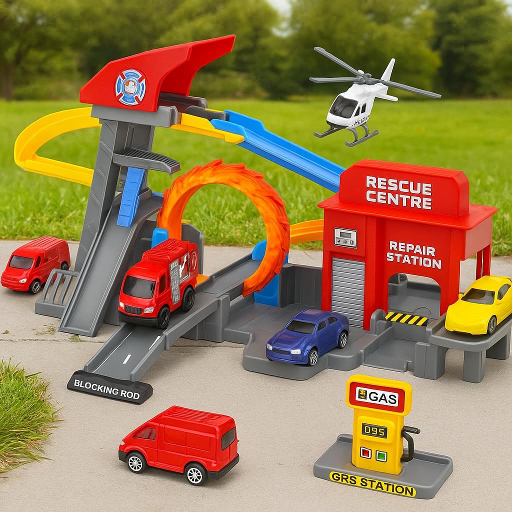 Adventure Rollo Coaster Theme Park Playset with Car Crane, Slide, Stunt Loop, and 4 Die Cast Cars