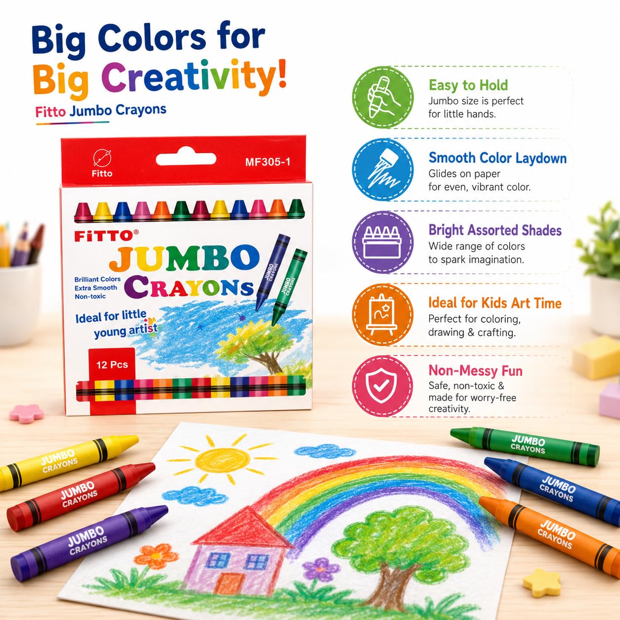 144 Pieces Jumbo Crayons (12-Piece Assorted Colors Set with Easy-Grip Thick Barrels for Drawing – Coloring and Craft Projects)