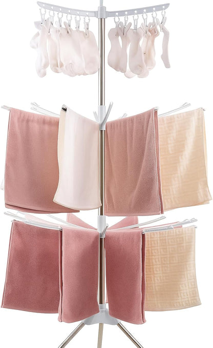 3-Tier Rotating Clothes and Towel Organizer Dry Rack, Indoor/Outdoor Laundry Dryer, Space-Saving, Adjustable, Durable for Patio and Home Use