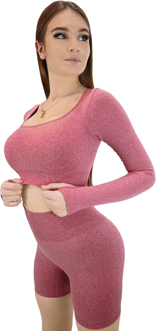 Fitto 2 Pieces Balance Red Stretchable Set - High Cropped Waist Cycling Shorts, Long Sleeves with Thumb holes, Round neck Top, Ribbed waistband, Workout Gym Yoga Outfit for Women (Medium, Red)