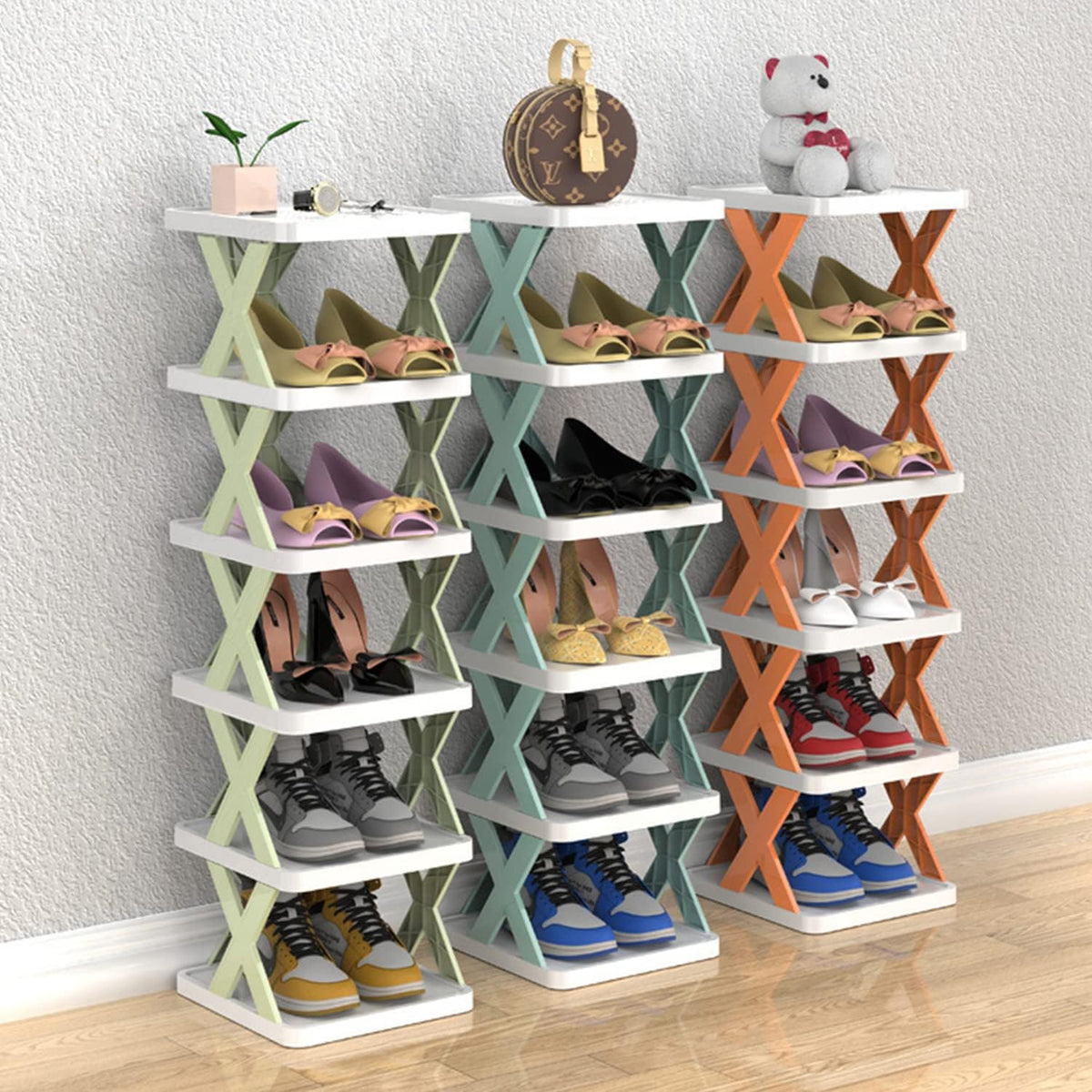 96 Pieces 6-Layer X-Shape Shoe Racks (Sturdy and Space-Saving Shoe Organizer – 3 Color Variants – Multifunctional Storage for Shoes – Boots – and More – Easy Assembly – Ideal for Entryways – Bedrooms – and Hallways)