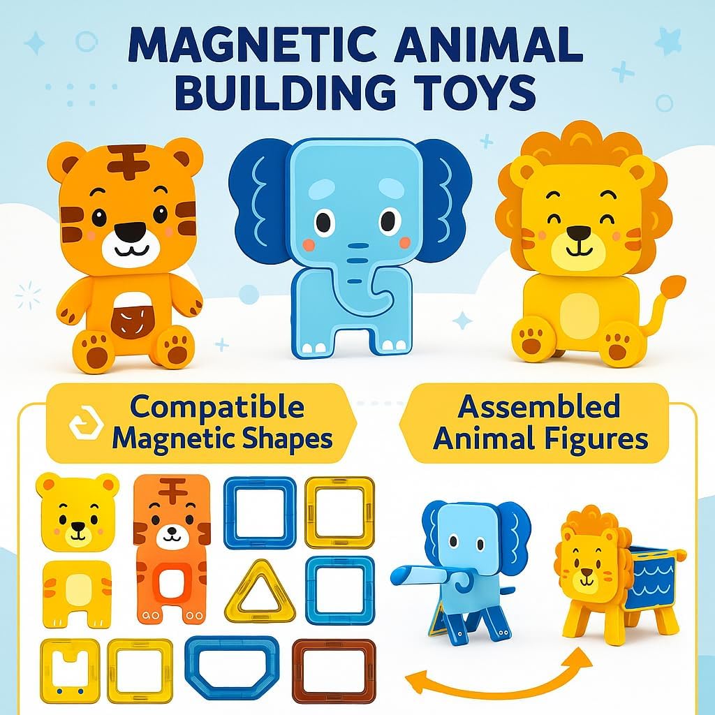 72 Pieces Stem Animals Magnetic Tiles Building Blocks Set 35 Pieces With Dog (Cat – Elephant – Fox – And Frog Formations)