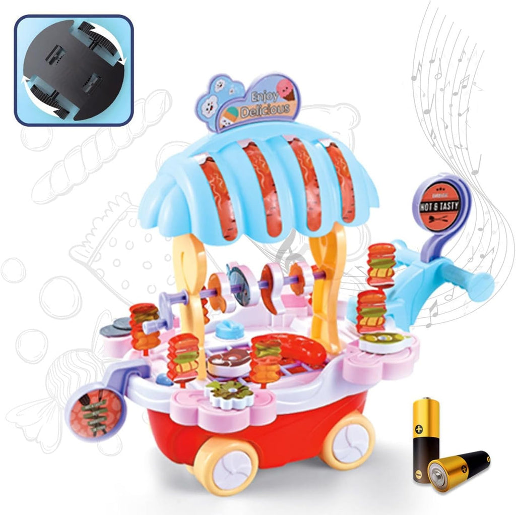 72 Pieces BBQ music trolley food trucks for kids with rotating wheels red base & blue Umbrella roof truck (pretend play toys for girls educational food truck with Music & Lighting toy for boys & girls)