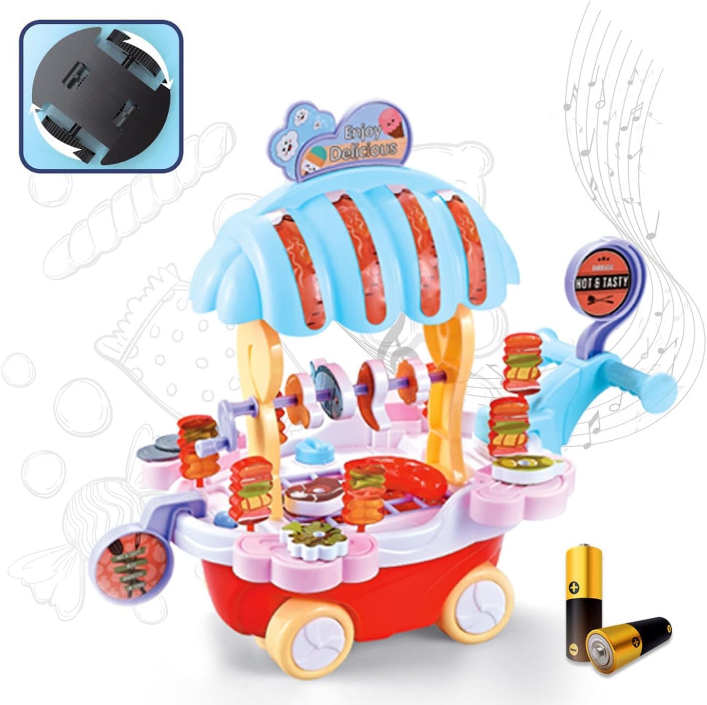72 Pieces BBQ music trolley food trucks for kids with rotating wheels red base & blue Umbrella roof truck (pretend play toys for girls educational food truck with Music & Lighting toy for boys & girls)