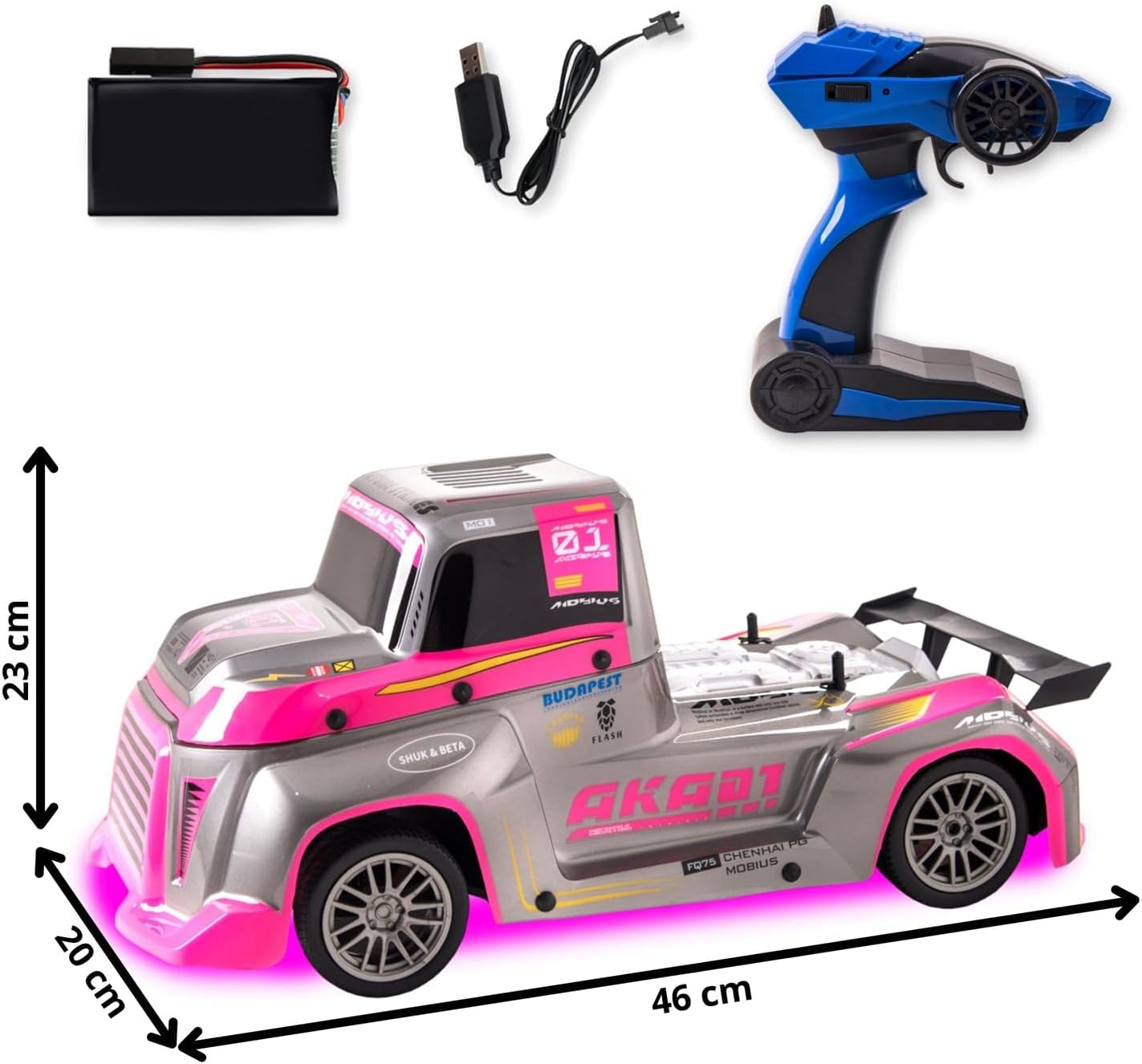 48 Pieces Large Remote Control Truck 1:10s (Full Cover Pink LED Light High Speed Racing Car with Spoilers – Pink)