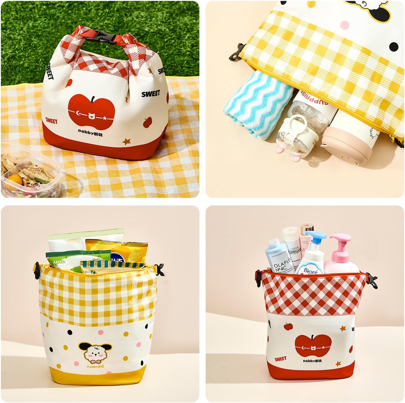 96 Pieces 10L Insulated Waterproof Rice Bags (Large Red Grid Apple Bear – Polyester + Aluminum Film)