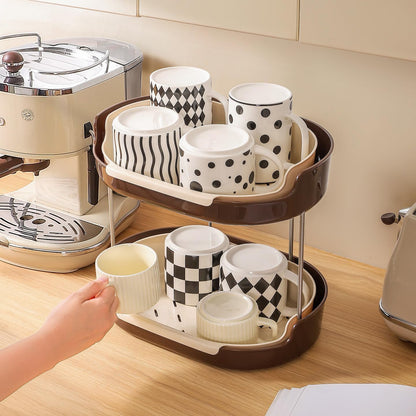 Double Layered Cup Storage Rack – Space-Saving Cream & Brown Design – 2-Tier PP & Stainless Steel