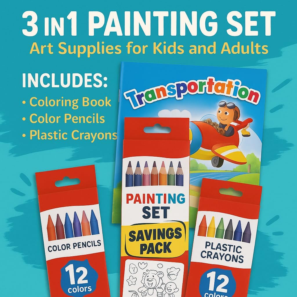 96 Pieces 3 in 1 Painting Sets with Color Pencils & Plastic Crayons (Art Supplies for Kids and Adults)