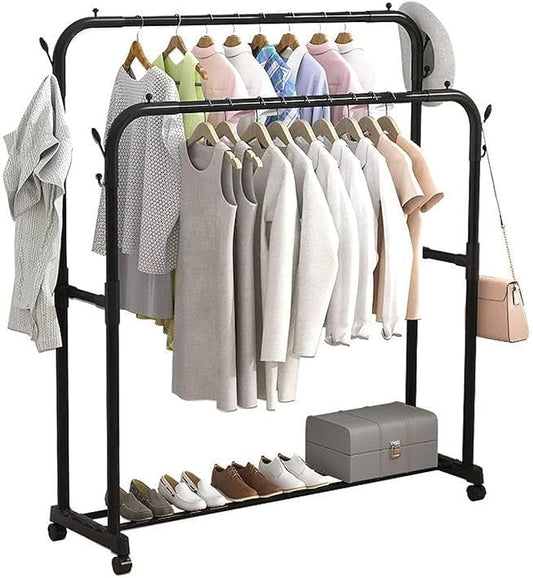 Fitto Clothes Rack with Bottom Shelf – Sturdy Black Metal Garment Rack with Storage Shelf for Hanging Clothes, Coats, Jackets, and Organizing Shoes, Accessories, and More