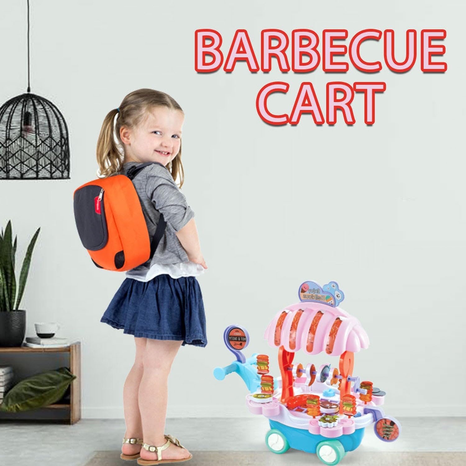72 Pieces Kidwala Food Trucks for Kids (Barbecue Toy Cart Play Set – Pretend Play Toys for Girls – Educational BBQ Trolley With Music & Lighting – Red)