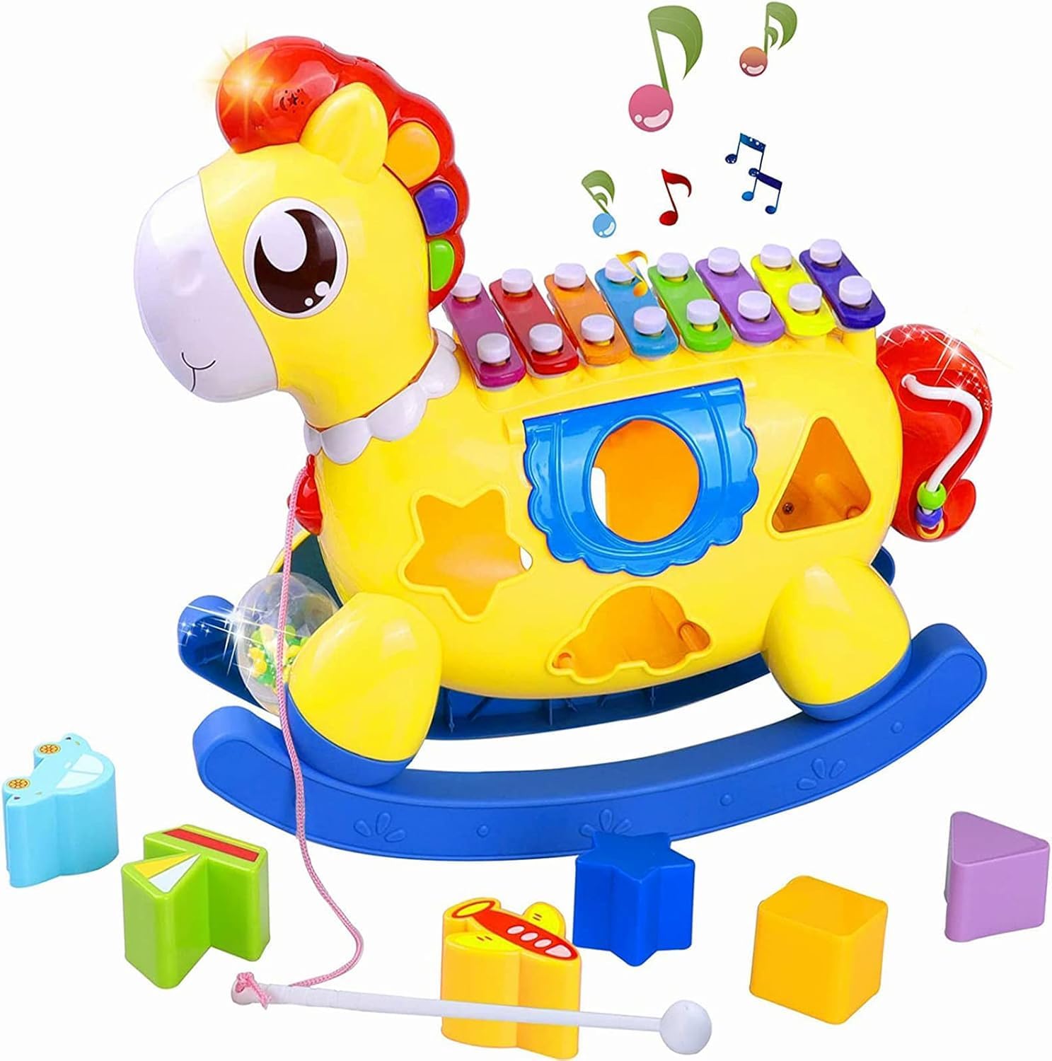 72 Pieces Toddler Multifunctional Musical Toy Shape Sorter Puzzles (Xylophone – Rocking & Pull-Along Horse)
